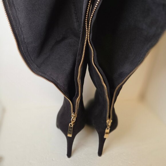 Forever 21 Women’s Black Faux Suede Knee High Stiletto Heel Gold Zip Boots - 9 - Picture 5 of 12